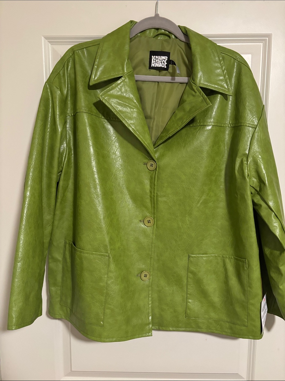 Reclaimed Vintage Lime Green Faux Leather Button-Up Jacket